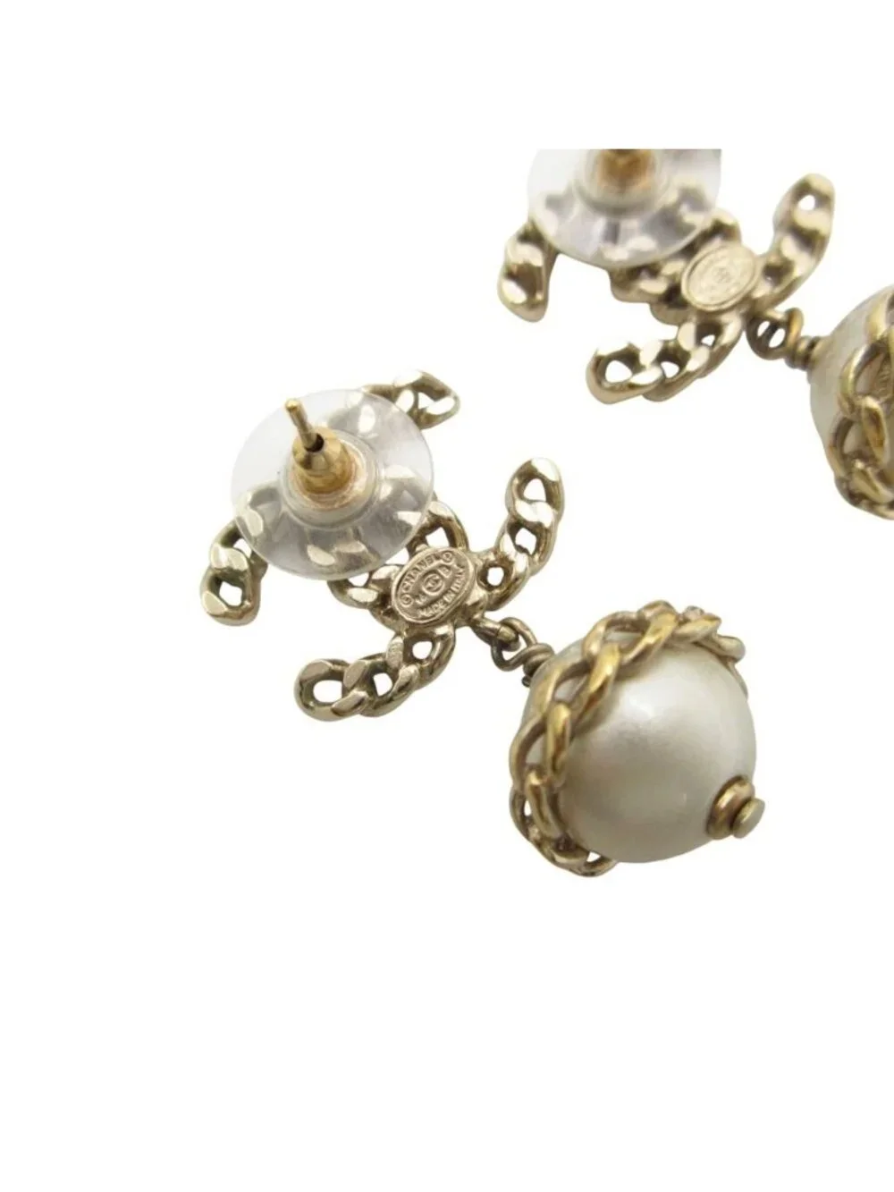 Chanel Earrings CC Logo Faux Pearl Chain Swing Gold